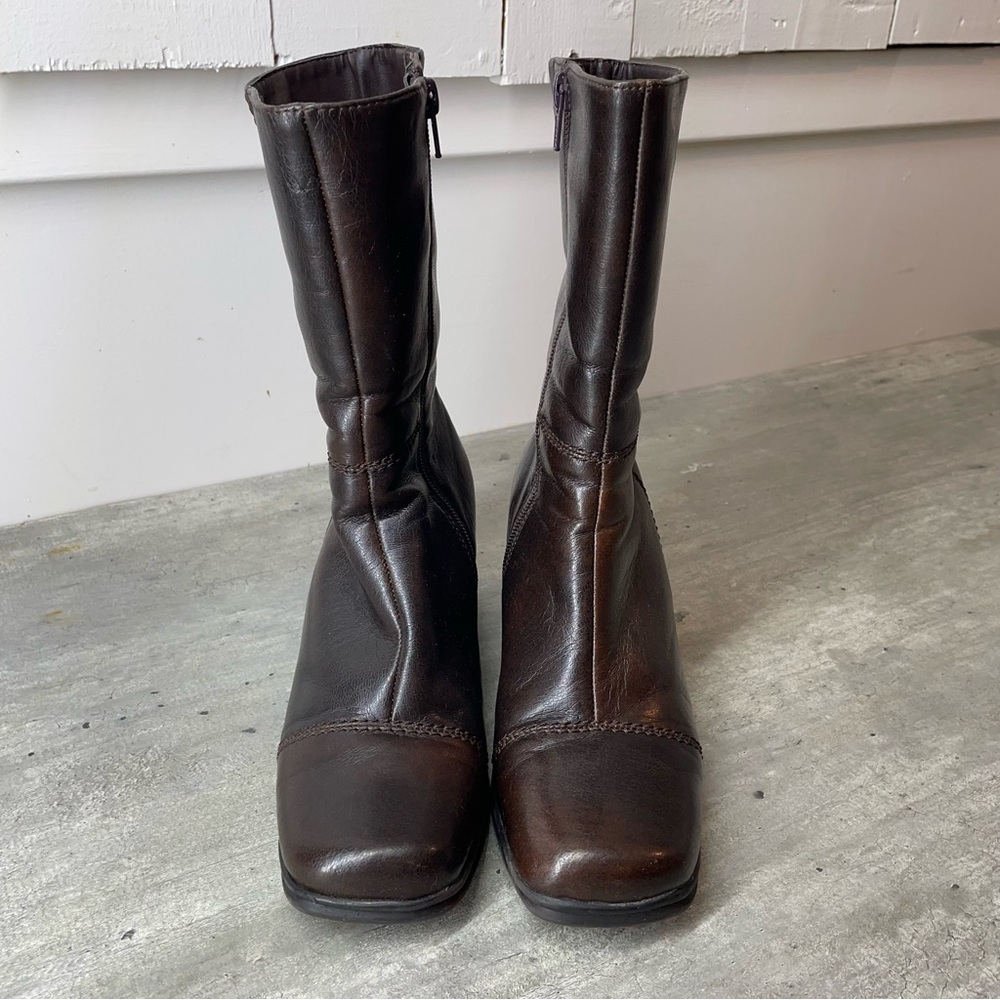 manathan‎ Leather Mid-Calf Boots Womens 7 Dark Brown Good Square Toe 89285